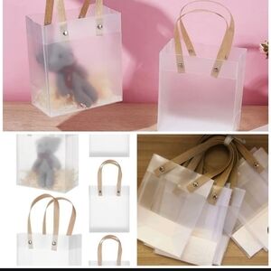 🍎 5 Frosted Clear PVC Gift Bags w/ Natural Fiber Bags Treats Goodies Party